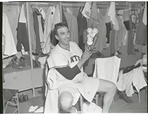 Sal Maglie Holding Six Baseballs in Glove