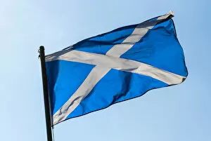 Images Dated 25th August 2014: The Saltire, Scottish flag, flying against a blue sky, Oban, Scotland, United Kingdom