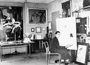 Salvador Dali Seated for Painting on Large Canvas