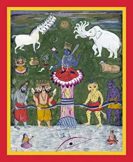 Conch Prints: Samudra Manthan scene with Vishnu as Kurma