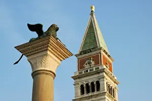 Town Square Prints: San Marco clocktower, column of the lion of Saint Mark, Piazzetta, Venice Italy