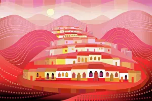 Prints of Latin American Town on Hills in Folk Style Illustration. Inspired by San Miguel de Allende, Guanajuato. Rows of houses in red and pink Quirky Art Illustration Prints: San Miguel de Allende, Mexico on Hills in Folk Style Illustration