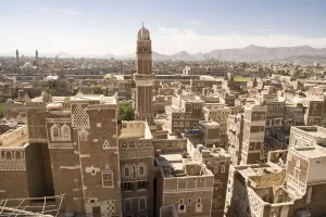 Adobe Prints: Sanaa skyline with traditional mud-brick buildings