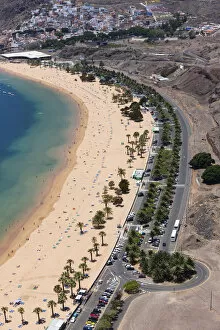 Images Dated 1st June 2012: The sandy beach of Playa de las Teresitas with palm trees, birds eye view, San Andres
