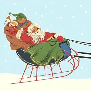 Sleigh Prints: Santa and Boy Riding in Sleigh