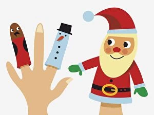 Santa Claus hand puppet, and bird and snowman finger puppets