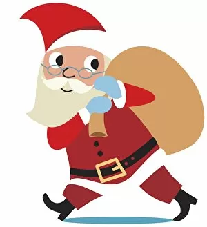 Santa Claus walking with sack flung over his shoulder, side view