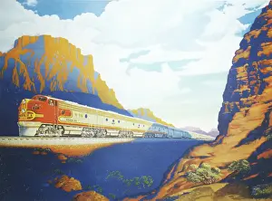 Prints of Poster for the Santa Fe Railroad shows one of the company's trains as it travels past rocky outcroppings, early to mid twentieth century. (Photo by Transcendental Graphics/Getty Images) Transcendental Graphics Prints: Santa Fe Railroad Poster