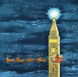 Sleigh Prints: Santa Flying Past Clock Tower
