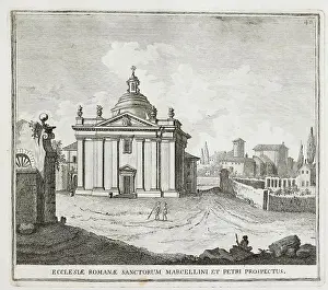 Santi Marcellino e Pietro al Laterano is a Roman Catholic parish and title church in Rome on the Via Merulana, historic Rome, Italy, digital reproduction of a 17th century original, original date unknown