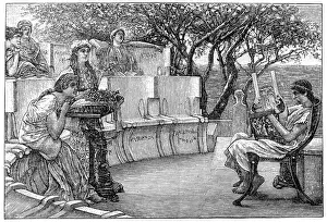 Plucking An Instrument Prints: Sappho and her companions listening as the poet Alcaeus plays a kithara