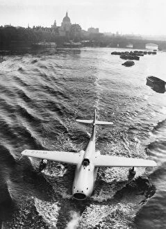 Airplanes Collection: Saunders Roe A1; jet flying boat is towed to Westminster