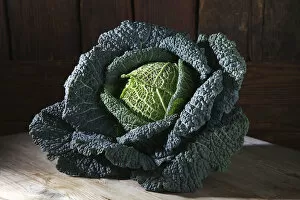 Savoy cabbage -Brassica oleracea convar. Capitata var. sabauda L.-, on a rustic wooden surface