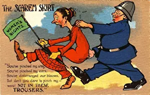 Prints of Anti-suffrage, color postcard, with an illustration of a portly bobby or English policeman, manhandling a woman who wears a fashionable, red, Edwardian-era Historic Moments from the Women’s Fight for the Vote: Scarem Skirt Postcard
