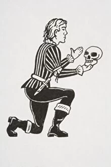 Performance Gallery: Scene from Hamlet, protagonist kneeling and holding up human skull, Alas, poor Yorick