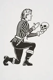 Theatre Prints: Scene from Hamlet, protagonist kneeling and holding up human skull