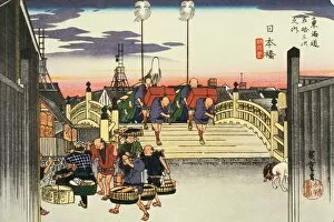 Scenery of Nihonbashi in Edo Period, Painting, Woodcut, Japanese Wood Block Print