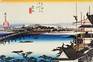 Scenery of Yoshida in Edo Period, Painting, Woodcut, Japanese Wood Block Print