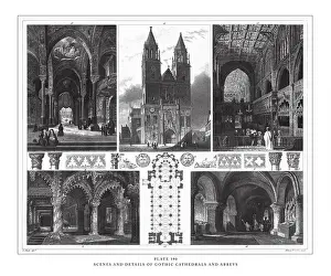 Cologne Cathedral (German Kölner Dom) Prints: Scenes and Details of Gothic Cathedrals and Abbeys Engraving Antique Illustration