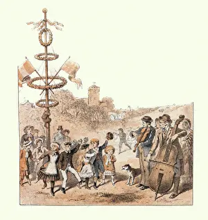 Scenes from a traditional English village fete, Children dancing around the maypole, Victorian 19th Century