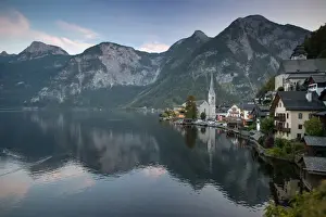 Salzburg, Austria Prints: Scenic of Hallstatt lake and Hallstatt village on Twilight time postcard view point