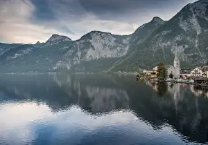 Salzburg, Austria Prints: Scenic of Hallstatt lake and Hallstatt village on Twilight time postcard view point