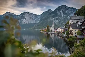 Salzburg, Austria Prints: Scenic of Hallstatt lake and Hallstatt village on Twilight time postcard view point