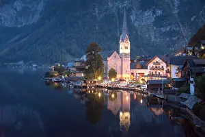 Salzburg, Austria Prints: Scenic of Hallstatt lake and Hallstatt village on Twilight time postcard view point
