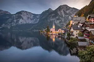 Salzburg, Austria Prints: Scenic of Hallstatt lake and Hallstatt village on Twilight time postcard view point