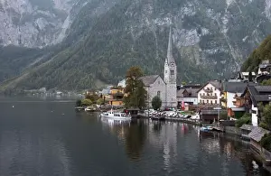 Salzburg, Austria Prints: Scenic of Hallstatt lake and Hallstatt village on Twilight time postcard view point