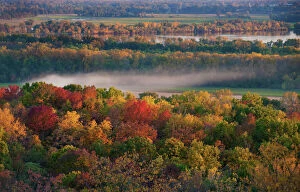Mist Gallery: Scenic view of autumn forest by Mississippi River, Pere Marquette State Park, Wisconsin, USA