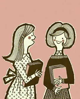Illust Prints: Two School Girls Holding Books