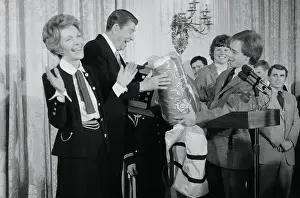 Scott Hamilton Presenting Jacket to President Reagan