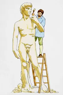 Ladder Prints: Sculptor adding finishing touches to monumental statue of nude man