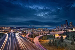 Multiple Lane Highway Gallery: Seattle City Lights and Light Trails at Blue Hour