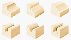 Medium Group Of Objects Prints: Sections of wood cut into different shapes with groove and edge cutters