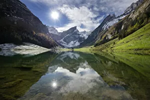Seealpsee Lake, with reflections of Mt Saentis, Schwende, Appenzeller Alpen, Canton of Appenzell Innerrhoden