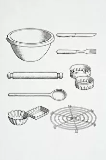Medium Group Of Objects Gallery: Selection of cooks kitchen utensils, including knife, fork, pastry cutters, wire rack, party tins