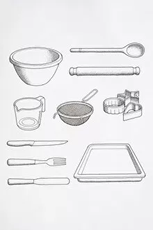 Selection of cooks utensils, including mixing bowl, spoon, rolling pin, knife, fork, palette knife, baking tray