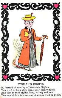 Prints of Anti-suffrage postcard, depicting a masculinized suffragette, with a poem suggesting she should focus her energy on the poor and sick rather than selfishly promoting her own rights, 1905 Historic Moments from the Women’s Fight for the Vote: Selfish Suffragette Card
