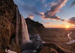 Images Dated 17th March 2018: Seljalandsfoss waterfall at sunset, Iceland