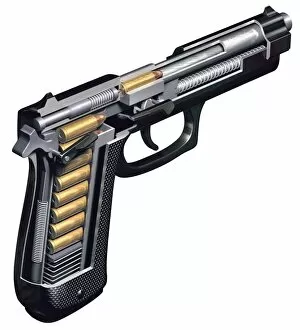 Images Dated 10th October 2011: Semi-automatic pistol, cutaway illustration