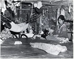 Sewing Prints: Seminole Woman Sewing In Hut; Child