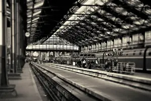 Sepia-toned photograph of Gare De Lyon station terminal in Paris, France