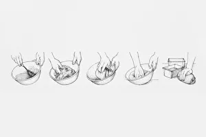 Sequences Collection: Sequence of black and white illustrations showing how to make bread dough