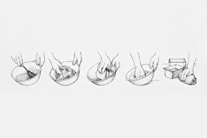 Healthy Eating Gallery: Sequence of black and white illustrations showing how to make bread dough