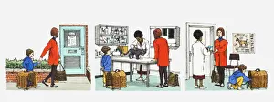 Sequence of illustration showing mother taking cat to vet with child