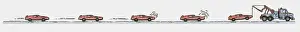 Recovery Prints: Sequence of illustrations of car breaking down and towed away by truck