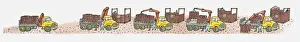 Cargo Container Prints: Sequence of illustrations of cargo containers on top of and being hoisted off heavy goods vehicles