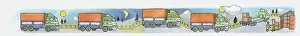 Semi Truck Gallery: Sequence of illustrations of delivery truck travelling on roads during day, night, and sunrise